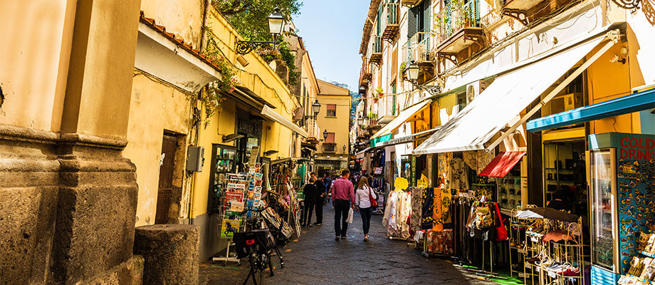 People walking in a small city street