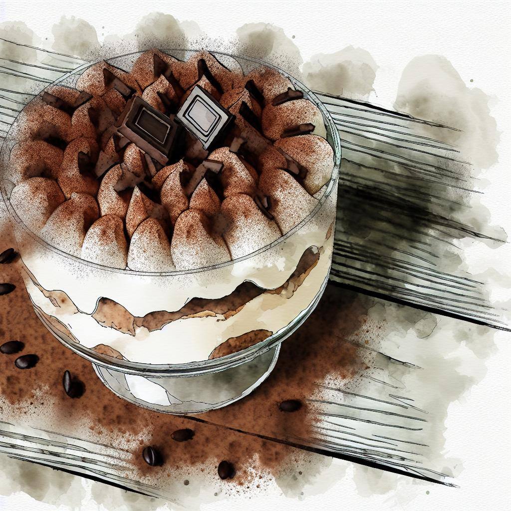An image of a decadent tiramisu dessert, garnished with cocoa powder and chocolate shavings, served in a large glass bowl-1